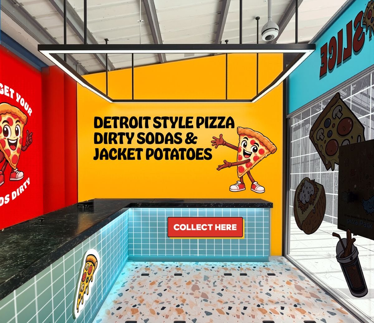 Collect Counter with Detroit Pizza and Jacket Potatoes Slogan