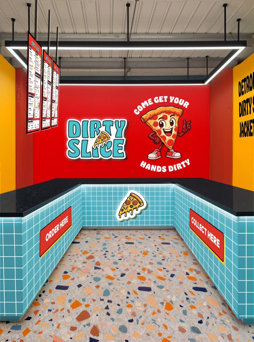 Dirty Slice Order Counter with Cyan Grid Tile and Terrazzo Floor