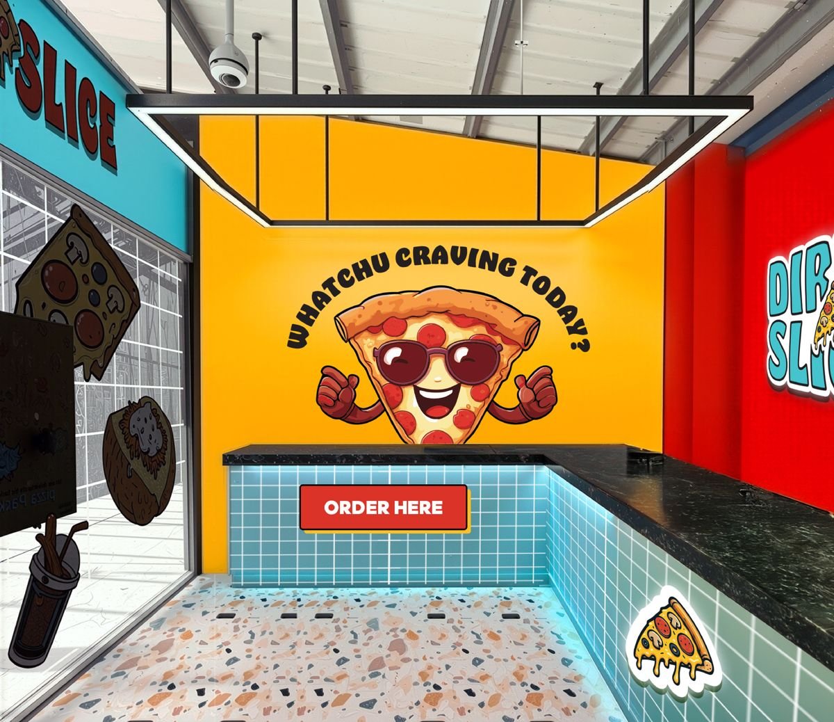 Yellow Wall with What You Craving Mascot