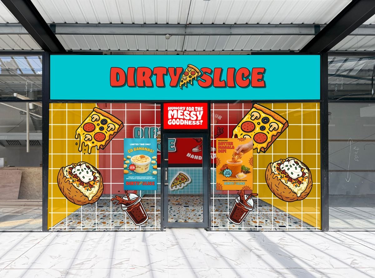 Dirty Slice Storefront Exterior with Window Decals